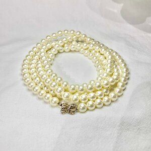 Vintage Faux Pearl Necklace Multi Strand Rhinestone Bow Clasp Costume Jewelry